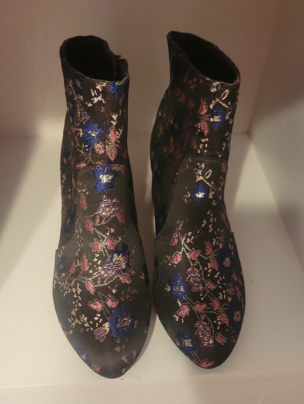 Unisa Sz7.5 Black Floral Embroidered Ankle Booties - side zip